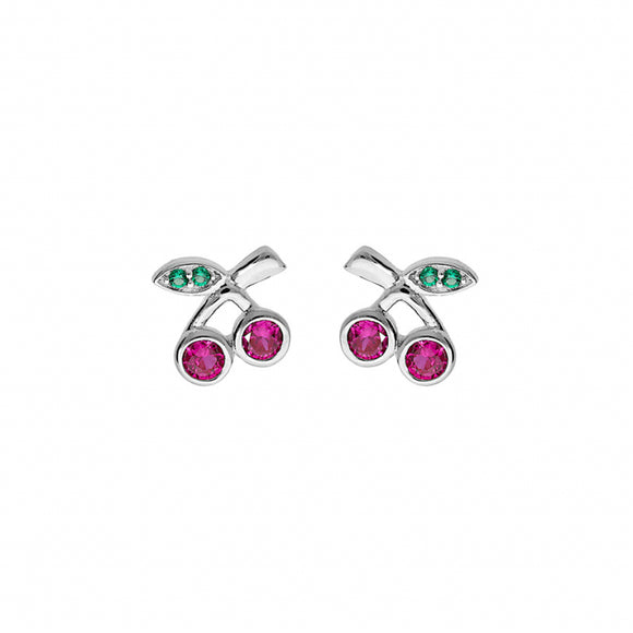 Boucles cerises en argent avec zirconium fuchsia et vert