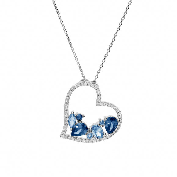 Collier coeur en argent rhodié avec pierres bleues 654-859