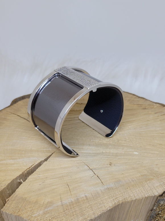 Les Georgettes Manchette Barrette AG 40mm + cuir gris métallisé/noir grainé mat