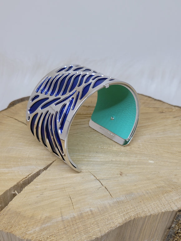 Les Georgettes Manchette Wave argenté 40mm + cuir bleu métallisé/vert eau