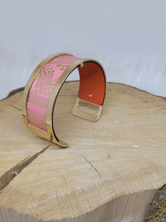 Les Georgettes Manchette Pure XL doré 25mm + cuir rose motifs doré/orange