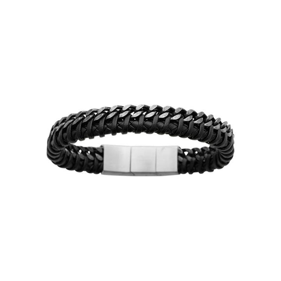 Bracelet en acier et cuir noir homme 842-1436