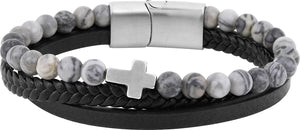 Bracelet acier, cuir et jaspes grises 842-1425
