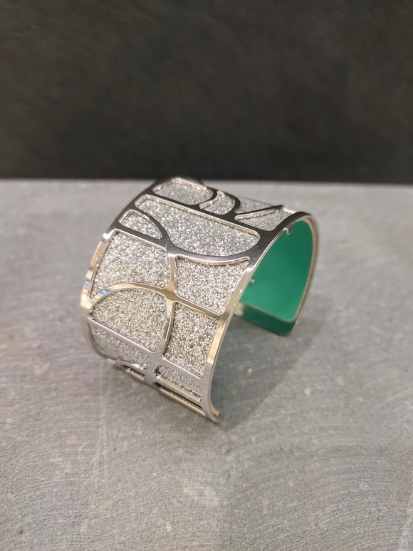 Les Georgettes Manchette Volute argenté 40mm + cuir pailleté gris/vert d'eau