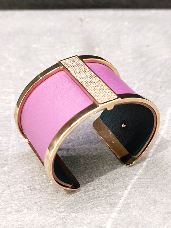 Les Georgettes Manchette Barrette doré 40mm + cuir mauve/vert foncé