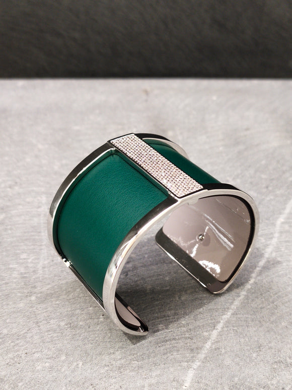 Les Georgettes Manchette Barrette AG 40mm + cuir vert/gris vernis