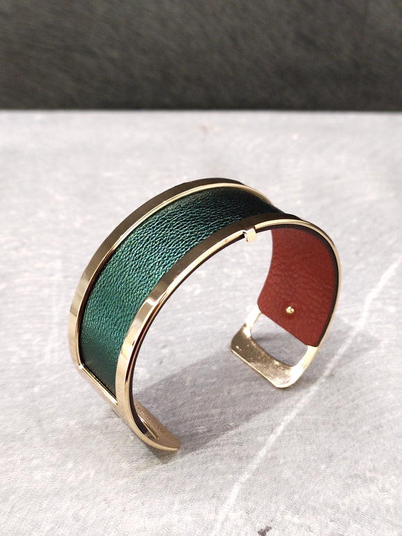 Les Georgettes Manchette Pure XL doré 25mm + cuir vert satiné/brun