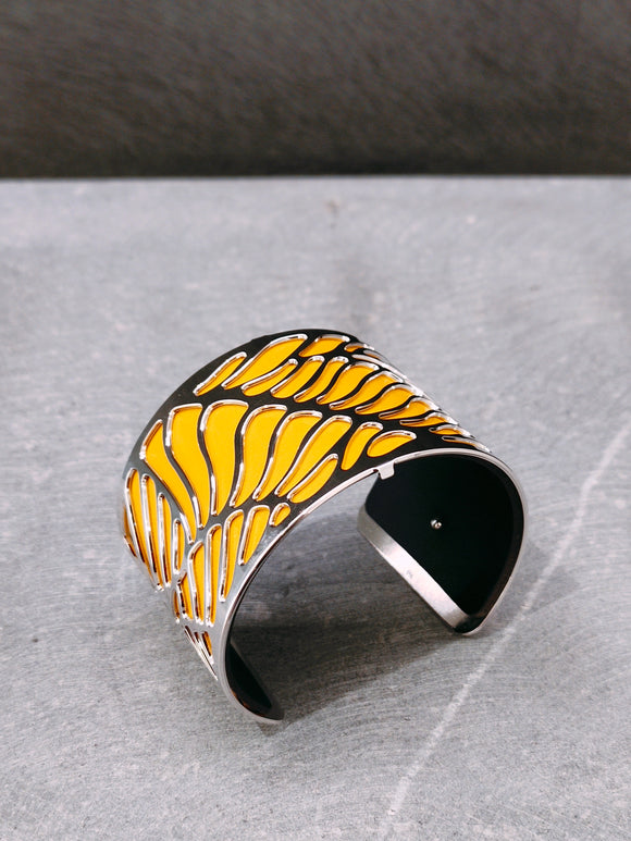 Les Georgettes Manchette Wave argenté 40mm + cuir sun jaune/marine