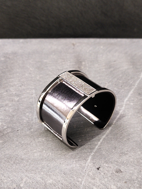 Les Georgettes Manchette Barrette AG 40mm + cuir gris métallisé/bleu marine