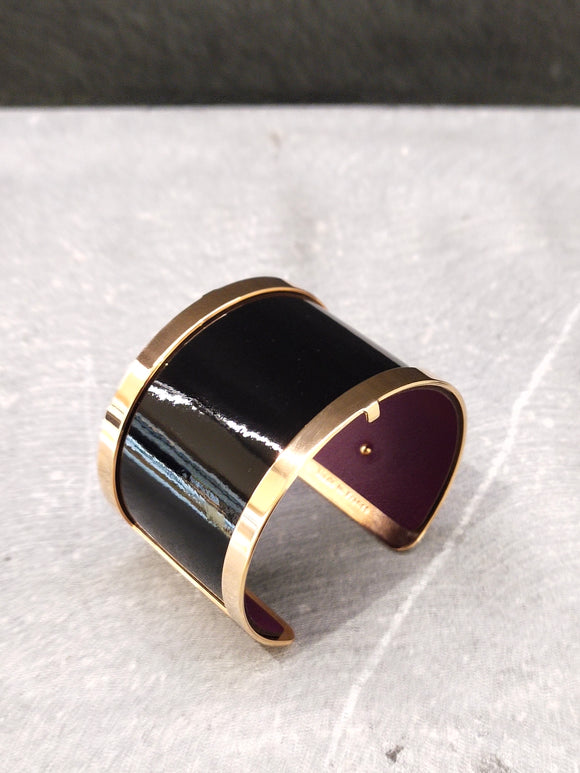 Les Georgettes Manchette Pure Originelle Rosé 40mm + cuir noir vernis/prune