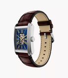 Montre Carraway automatique en cuir brun fond bleu