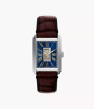 Montre Carraway automatique en cuir brun fond bleu