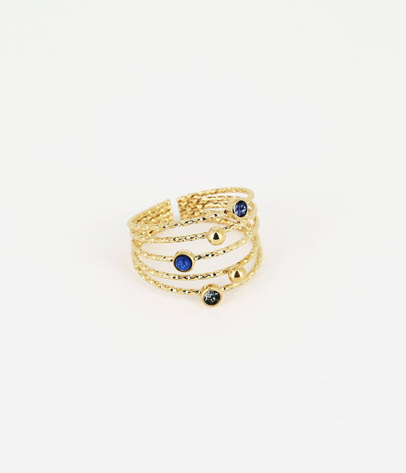 Bague ZAG Silo en acier doré et zirconiums bleus