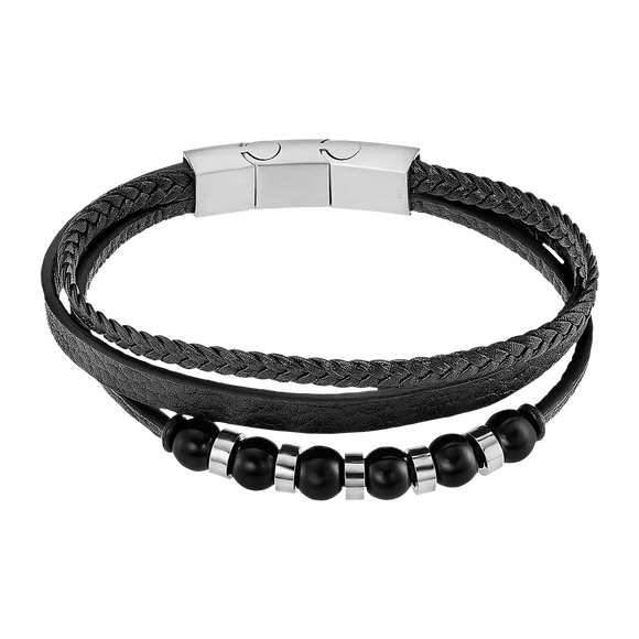 Bracelet cuir noir et acier 840-3735