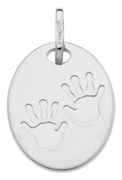 Médaille ovale avec empreintes mains en or blanc 9ct