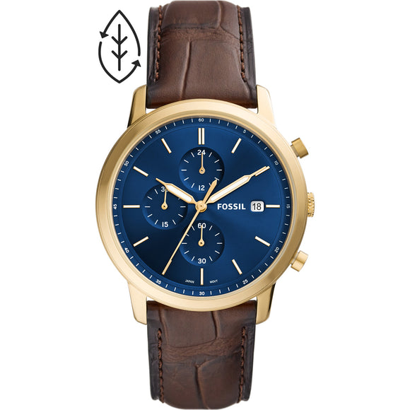 Chrono Minimaliste dorée cadran bleu cuir marron