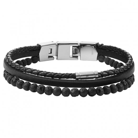 Bracelet Fossil triple cuir acier et pierre de lave